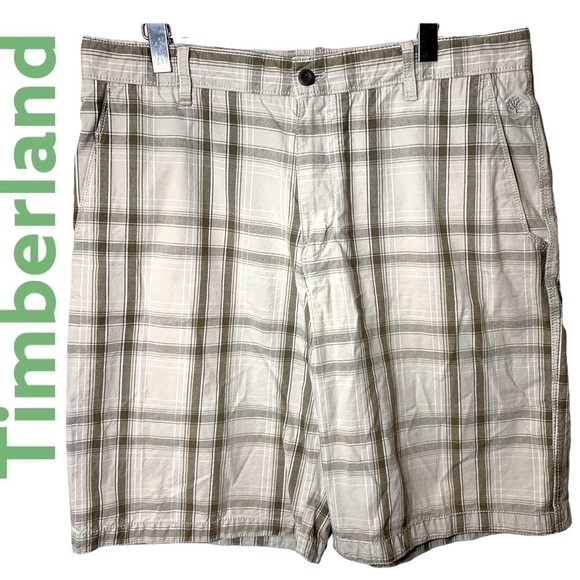 TIMBERLAND preppy neutral plaid cotton bermuda shorts relax fit 4 pockets sz 36 - Picture 1 of 9